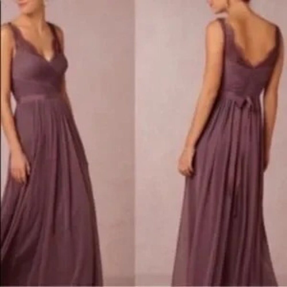 BHLDN Fleur Gown Women 20 Mauve Chiffon Lace‎ Trim Ruched V-Neck Maxi Dress
